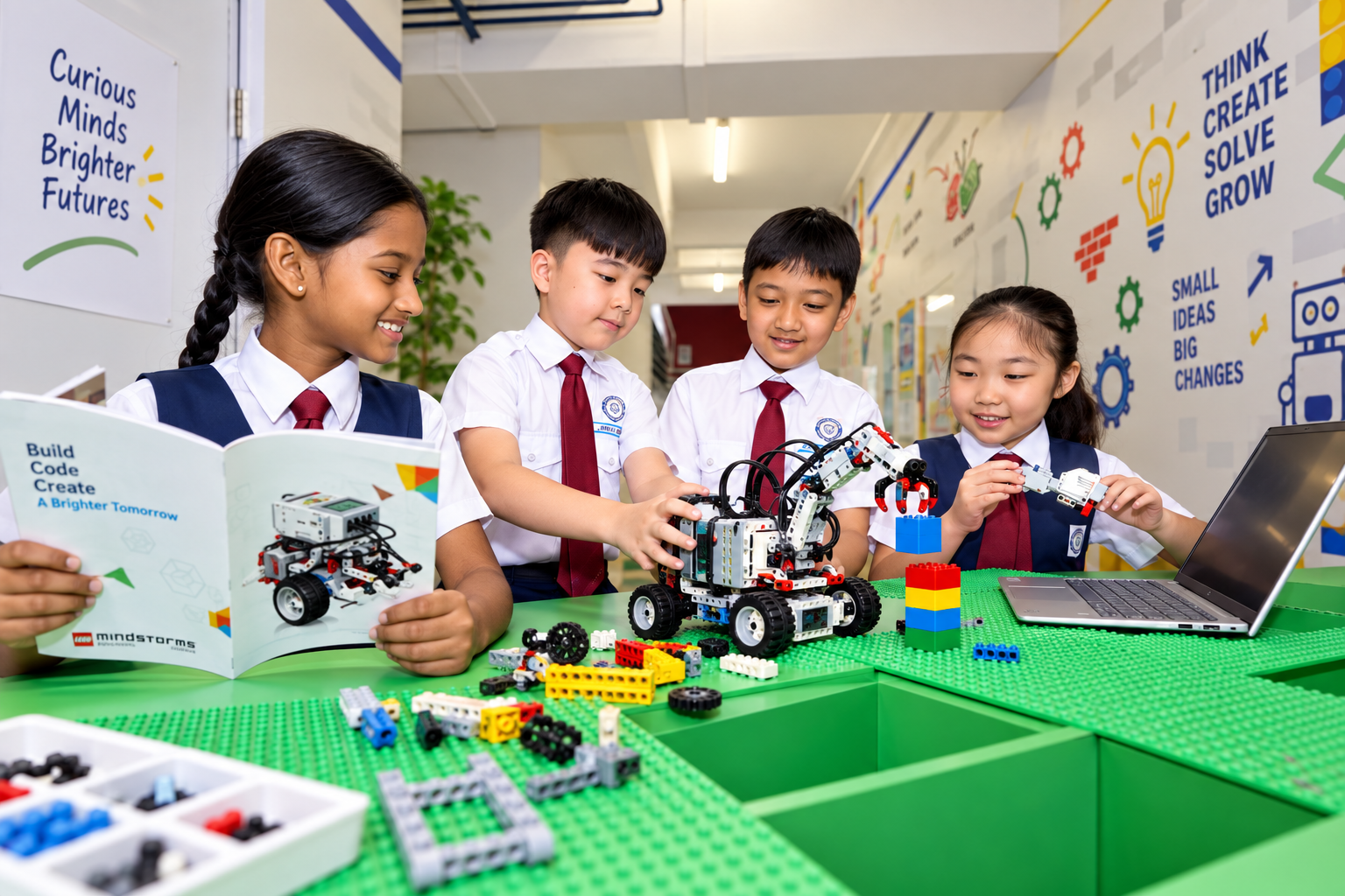 Four students collaborating on a hands-on robotics project, building and programming a LEGO robot.